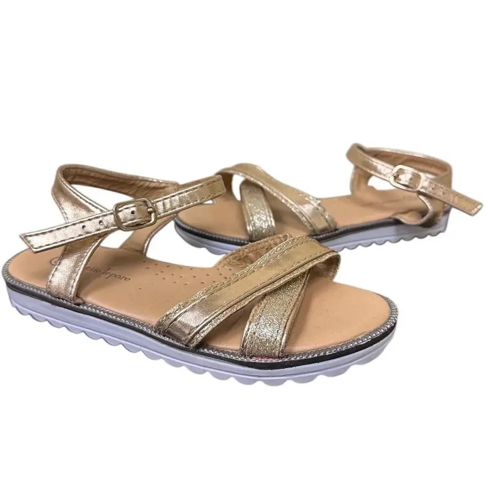 Nanette Lepore US 12 GIRLS Gold Criss Cross Ankle Strappy Sandals Vacation Beach